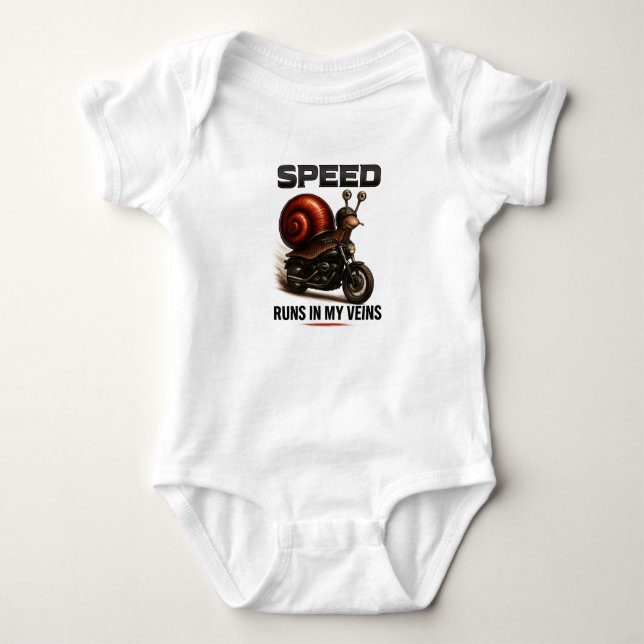 Funny Snail Biker – Speed Runs in My Veins Baby Bodysuit (Front)