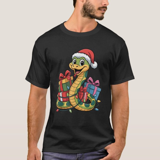 Funny Snake Santa Hat Animals Lovers Ugly Christma T-Shirt (Front)