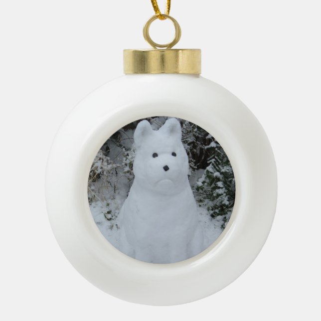 funny snow akita snowman christmas photograph ceramic ball christmas ornament (Front)