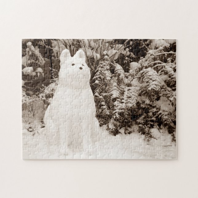 funny snow akita snowman photo christmas jigsaw puzzle (Horizontal)