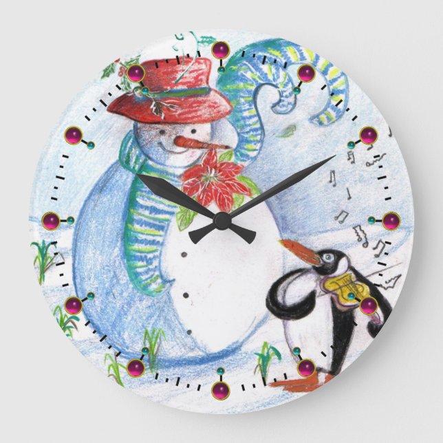 FUNNY SNOWMAN AND PENGUIN'S WINTER SERENADE LARGE CLOCK (Front)