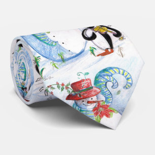 FUNNY SNOWMAN AND PENGUIN'S WINTER SERENADE TIE