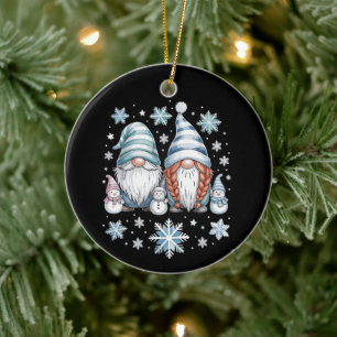 Funny Snowman Gnomies With Snowflakes Cute Winter Ceramic Ornament