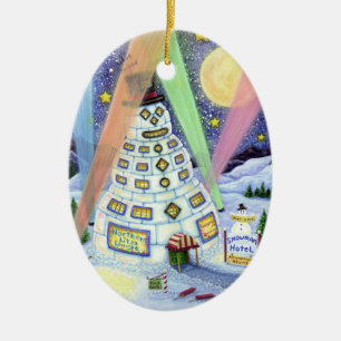 FUNNY SNOWMAN HOTEL, NORTHERN LIGHTS And PENGUINS Ceramic Ornament