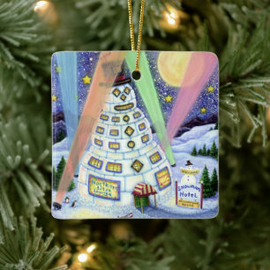 FUNNY SNOWMAN HOTEL, NORTHERN LIGHTS And PENGUINS Ceramic Ornament
