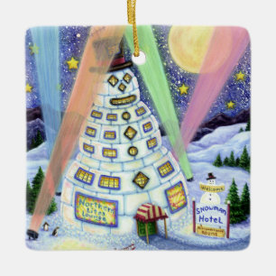 FUNNY SNOWMAN HOTEL, NORTHERN LIGHTS And PENGUINS Ceramic Ornament