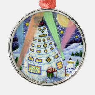FUNNY SNOWMAN HOTEL, NORTHERN LIGHTS And PENGUINS Metal Ornament