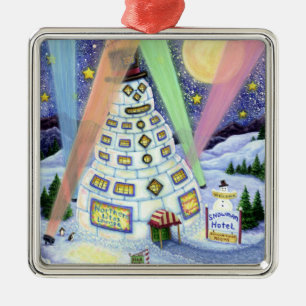 FUNNY SNOWMAN HOTEL, NORTHERN LIGHTS And PENGUINS Metal Ornament