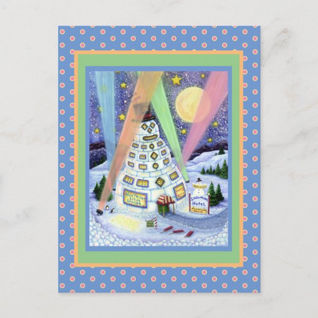 FUNNY SNOWMAN HOTEL, NORTHERN LIGHTS And PENGUINS Postcard (Front)