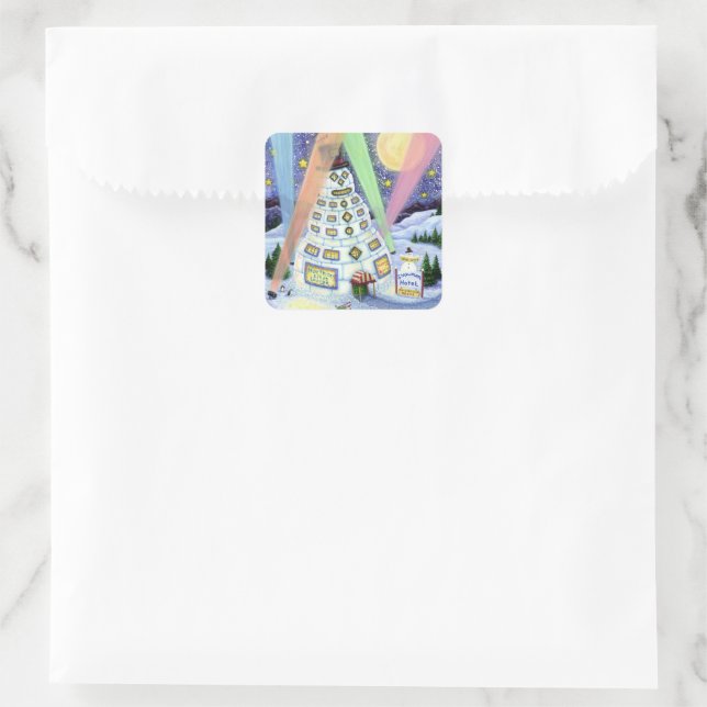 FUNNY SNOWMAN HOTEL, NORTHERN LIGHTS And PENGUINS Square Sticker (Bag)