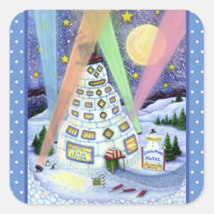 FUNNY SNOWMAN HOTEL, NORTHERN LIGHTS And PENGUINS Square Sticker