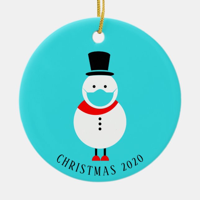 Funny Snowman in Face Mask Personalised Christmas Ceramic Ornament (Front)