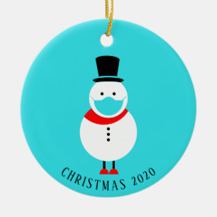 Funny Snowman in Face Mask Personalized Christmas Ceramic Ornament