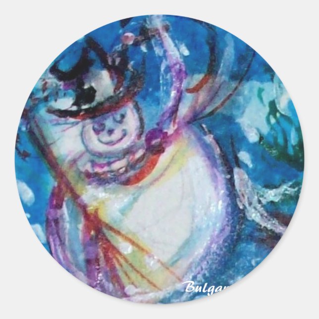FUNNY SNOWMAN IN WINTER NIGHT CLASSIC ROUND STICKER (Front)