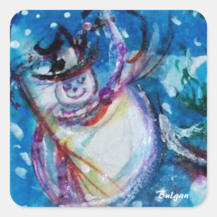 FUNNY SNOWMAN IN WINTER NIGHT SQUARE STICKER