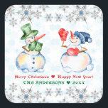 Funny Snowman Merry Christmas Crystals Snowflakes Square Sticker<br><div class="desc">Funny and Elegant design featuring two cute watercolor snowman,  silver crystals with pearls and blue diamonds snowflakes,  modern typography,  on a white background with blue snowflakes. Use Personalise tool to add your info.</div>