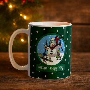 Funny Snowman Merry Christmas! Skiing Cartoon Coffee Mug