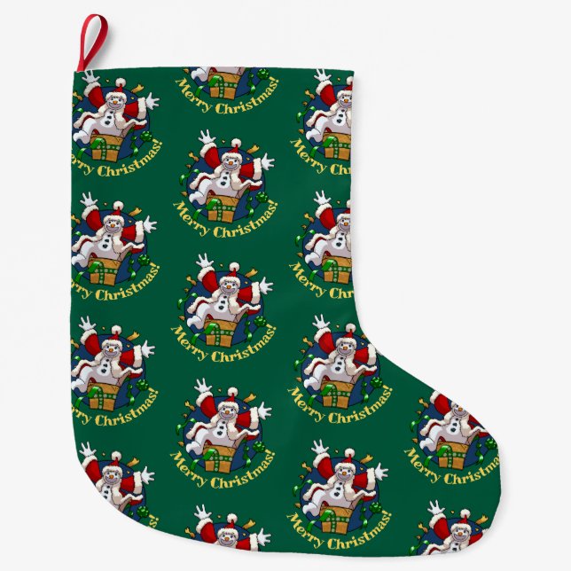 Funny Snowman Merry Christmas Surprise Cartoon Large Christmas Stocking (Front)