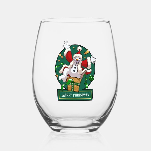 Funny Snowman Merry Christmas Surprise Cartoon Stemless Wine Glass (Front)
