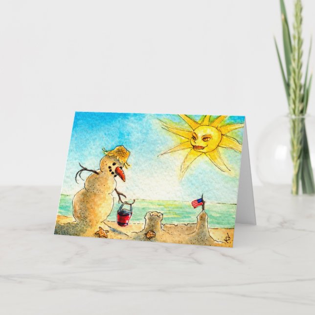 Funny Snowman on beach Holiday greeting card (Front)