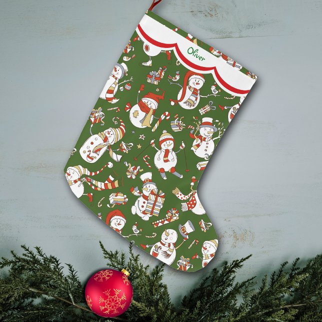 Funny Snowman Pattern on Green Large Christmas Stocking (Creator Uploaded)