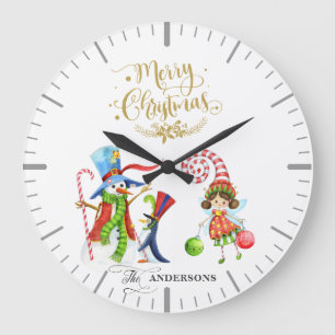 Funny Snowman Penguin Gold Glitter Merry Christmas Large Clock