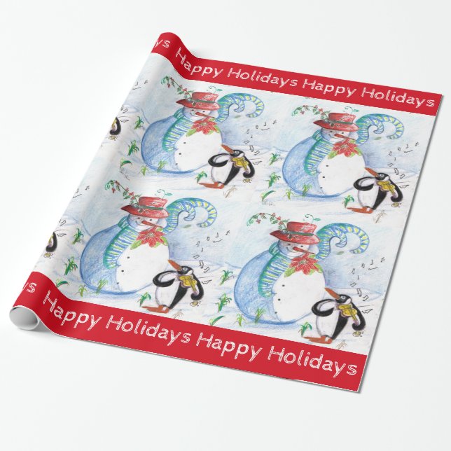 FUNNY SNOWMAN,PENGUIN'S WINTER SERENADE Christmas Wrapping Paper (Unrolled)