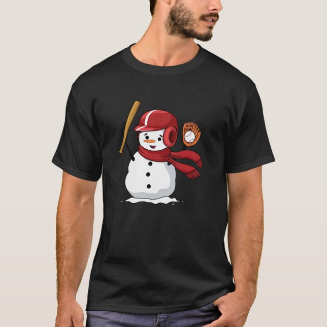 Funny snowman playing baseball T-Shirt (Front)