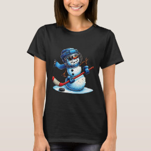 Funny Snowman Playing Ice Hockey Lovers Boys Girls T-Shirt