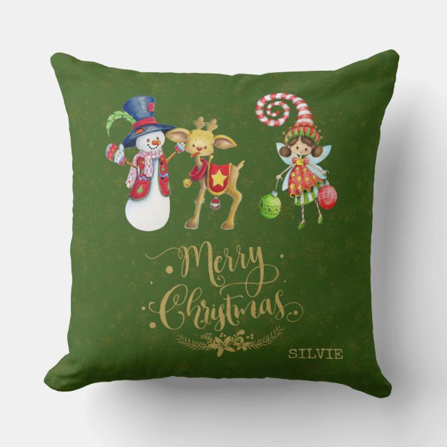 Funny Snowman Rudy Fairy Gold Merry Christmas Cushion (Front)