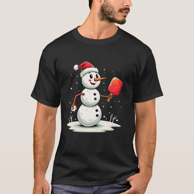 Funny Snowman Santa Hat Pickleball Player Christma T-Shirt (Front)