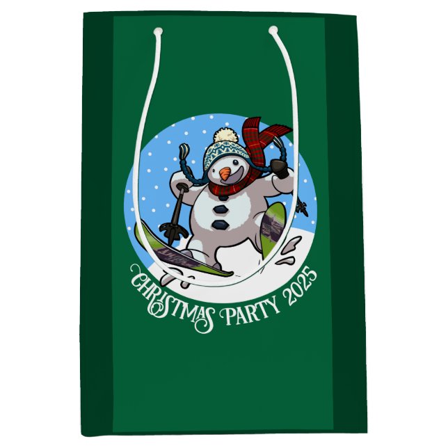 Funny Snowman Skiing Christmas Party 2025 Cartoon Medium Gift Bag (Front)