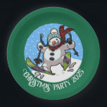 Funny Snowman Skiing Christmas Party Year Cartoon Paper Plate<br><div class="desc">A funny skiing snowman on paper cups to add some magic to your Christmas party. Use "Personalise this template" to tweak the text or year and make a unique, customised xmas accessory. The cups feature a cartoon of a cute snowman with a carrot nose, dashing downhill through the snow on...</div>