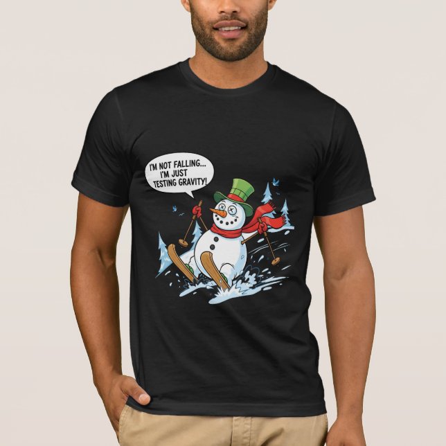 Funny Snowman Testing Gravity – Winter Ski Joke T-Shirt (Front)