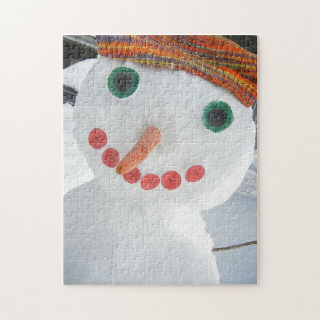 Funny Snowman Wearing Orange Hat Whimsical Photo Jigsaw Puzzle (Vertical)