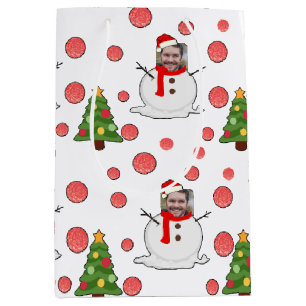 Funny Snowman White Red Green Photo Face Xmas Medium Gift Bag