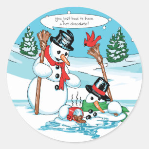 Funny Snowman with Hot Chocolate Cartoon Classic Round Sticker