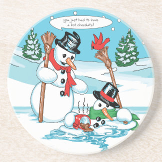 Funny Snowman with Hot Chocolate Cartoon Coaster