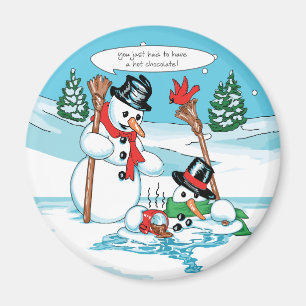 Funny Snowman with Hot Chocolate Cartoon Magnet