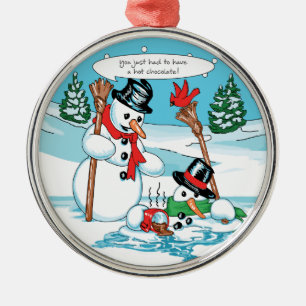Funny Snowman with Hot Chocolate Cartoon Metal Tree Decoration