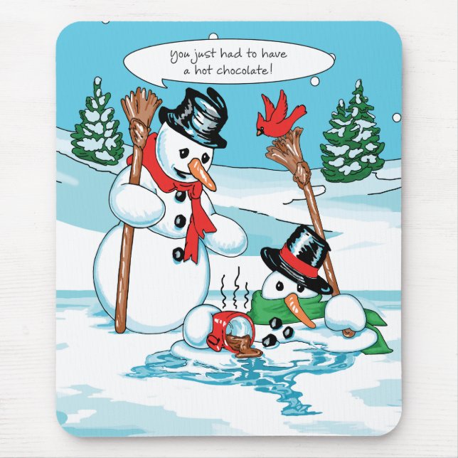 Funny Snowman with Hot Chocolate Cartoon Mouse Pad (Front)