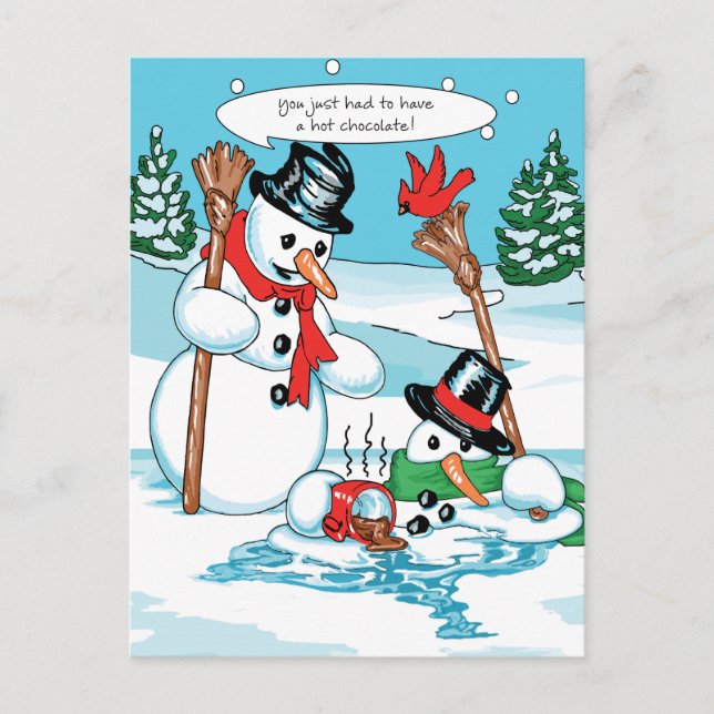 Funny Snowman with Hot Chocolate Cartoon Postcard (Front)