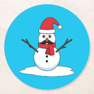 Funny Snowman with Moustache and Carrot Round Paper Coaster