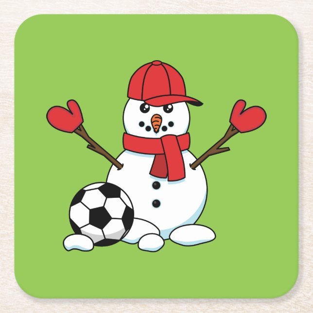 Funny Snowman with Soccer Ball Square Paper Coaster (Front)