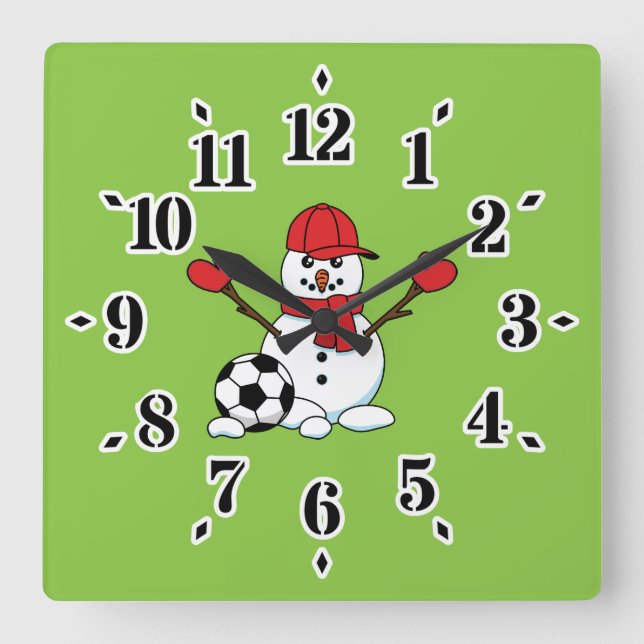 Funny Snowman with Soccer Ball Square Wall Clock (Front)