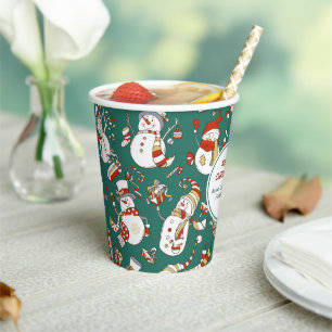 Funny Snowmen Holiday Pattern on Teal Paper Cups