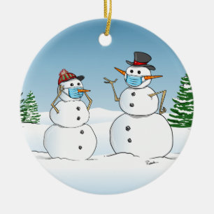 Funny Snowmen Wearing Face Masks 2021 Christmas Ceramic Ornament