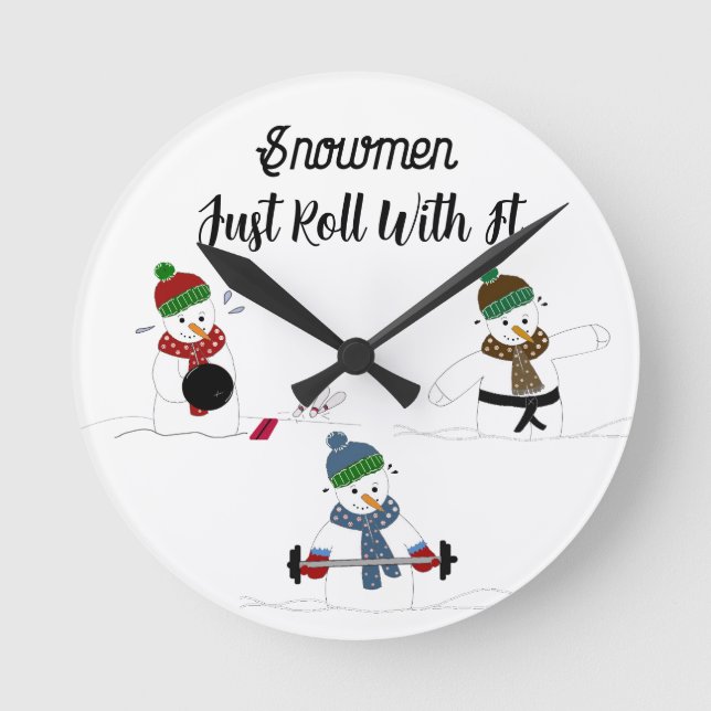 Funny Snowmen Working Out  Round Clock (Front)