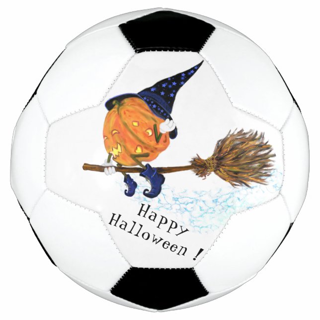 Funny Soccer Ball Halloween Witch Pumpkin Flying (Front)