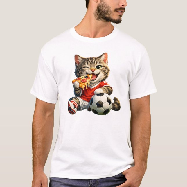 Funny Soccer Cat Eating Pizza Cartoon Design T-Shirt (Front)